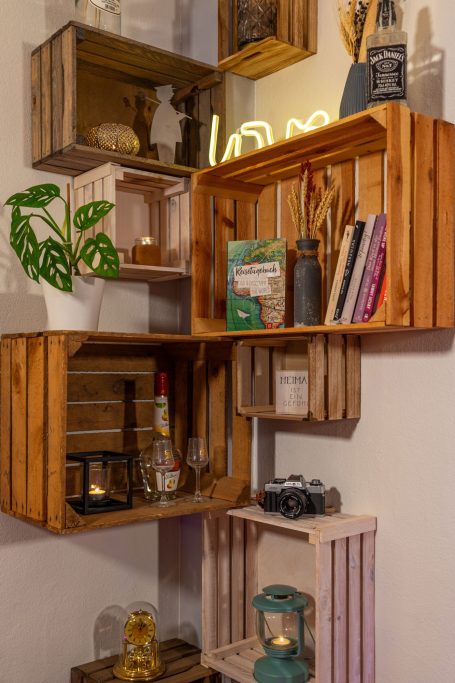 Holzkistenregal an der Wand mit Pflanzen, Büchern, Dekoration und einer Kamera.
